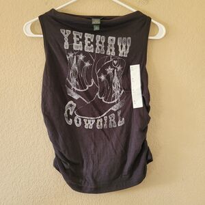 Womens Ruched Graphic Top Sleeveless Tee Cowgirl Texas Summer Festival Sz Medium